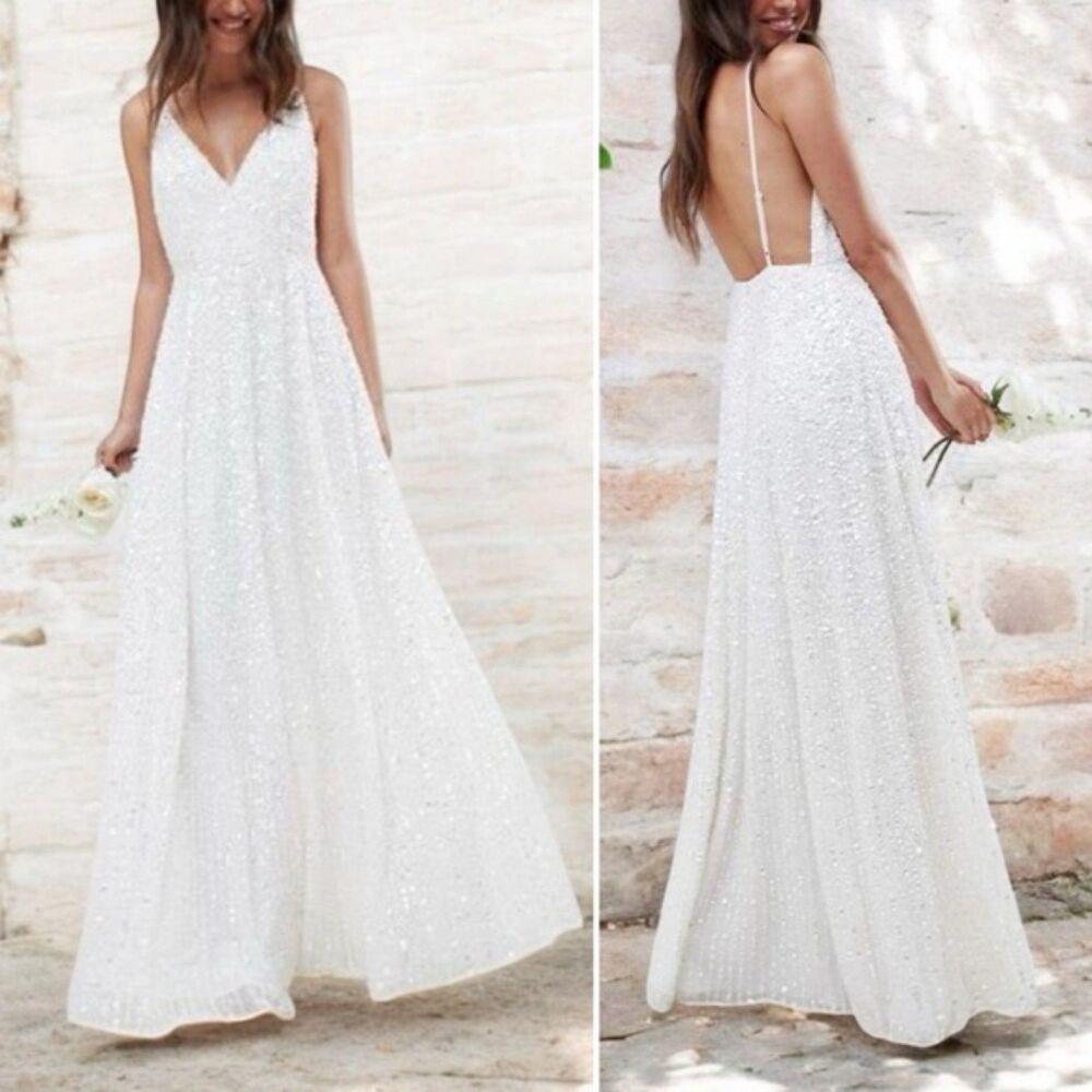 NWT ASOS Ivory Sequined Beaded Josie Backless Cami Maxi Wedding Dress Size 6 NEW